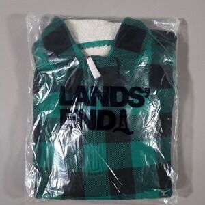 Lands'‎ End Quarter Zip Pullover Mens XXL Green Buffalo Plaid Sherpa Lined New